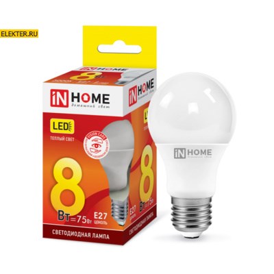 Лампа светодиодная LED-A60-VC 8Вт 230В Е27 3000К 720Лм "Груша" IN HOME арт 4690612024004 - фото 18521