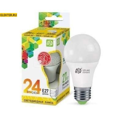 Лампа светодиодная LED-A60-standard 24Вт 230В Е27 3000К 2160Лм "Груша" ASD арт 4690612014265 - фото 18591