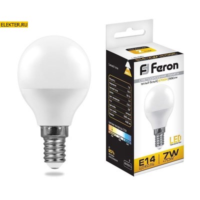 Лампа светодиодная Feron LB-95 "Шарик" E14 7W 2700K арт 25478 - фото 18901