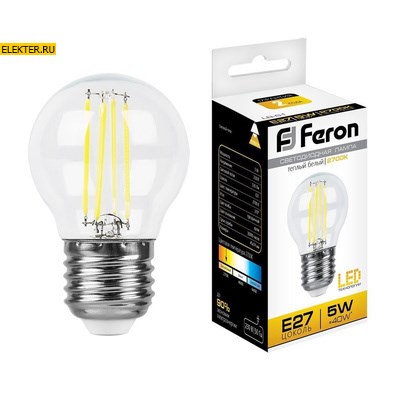 Лампа филаментная светодиодная Feron LB-61 "Шарик" E27 5W 2700K арт 25581 - фото 20291