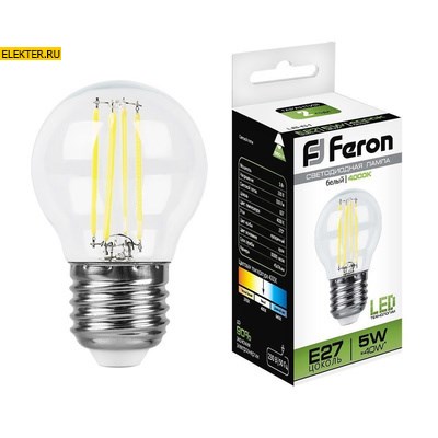 Лампа филаментная светодиодная Feron LB-61 "Шарик" E27 5W 4000K арт 25582 - фото 20294