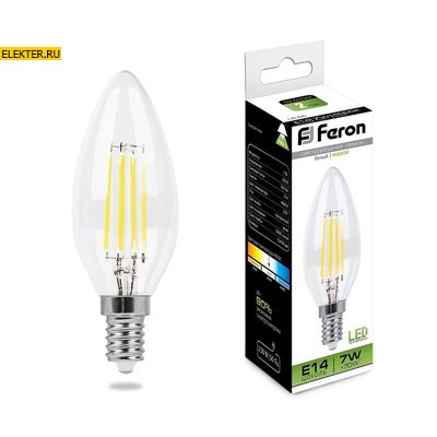 Лампа филаментная светодиодная Feron LB-66 "Свеча" E14 7W 4000K арт 25780 - фото 20303