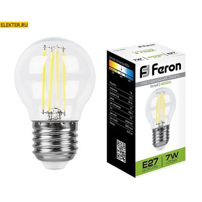 Лампа филаментная светодиодная Feron LB-52 "Шарик" E27 7W 4000K арт 25877 - фото 20315