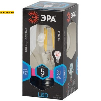 Лампа филаментная светодиодная ЭРА F-LED A60-5w-840-E27 "Груша" арт Б0019011 - фото 20494