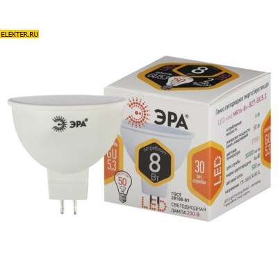 Светодиодная лампочка GU5,3 8Вт 2700К "Софит" теплый свет ЭРА Б0057002 STD LED MR16-8W-827-GU5.3 Б0057002 - фото 29707