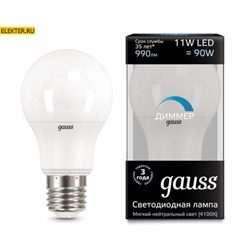 Лампа светодиодная Gauss LED A60-dim E27 11W 990lm 4100К диммируемая "Груша" арт. 102502211-D