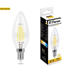 Лампа филаментная светодиодная Feron LB-66 "Свеча" E14 7W 2700K арт 25726